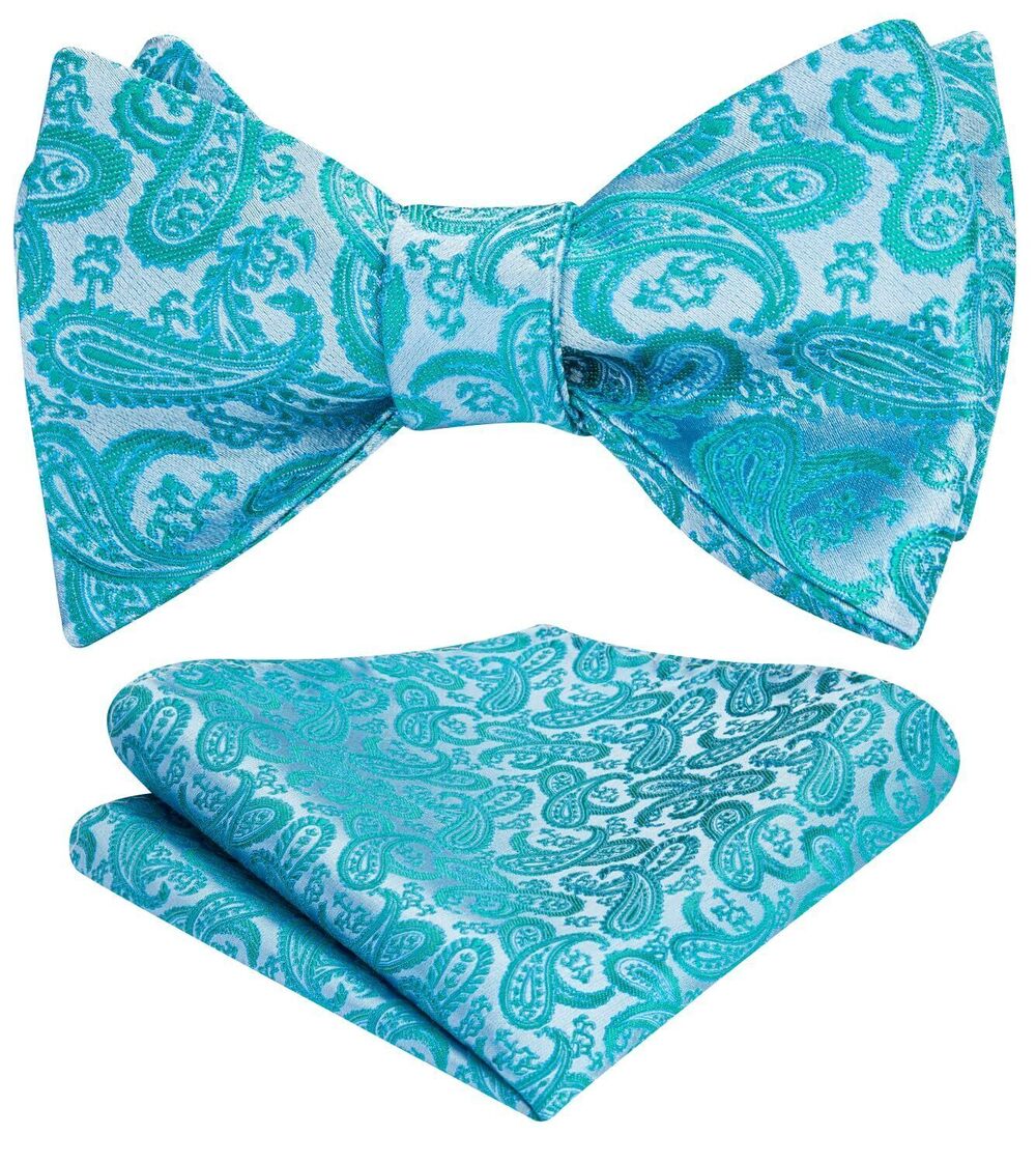 7184 Bow Ties Teal Bowties Paisley Self Tie Bow Tie and Pocket Square Set